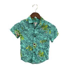 Cat & Jack XS (4/5) Boys Green Tropical Print Button-Up Shirt With Dinosaur Desi
